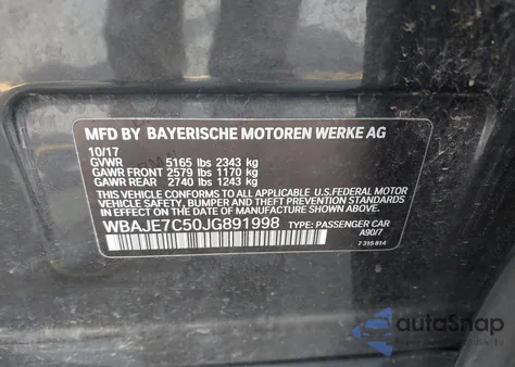 2018 BMW 540I xDrive из США, поврежденный, VIN WBAJE7C50JG891998